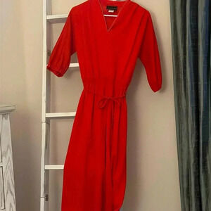 Vintage 80s Strait Lane Midi Dress Red Scalloped V Neck String Belt Small GUC